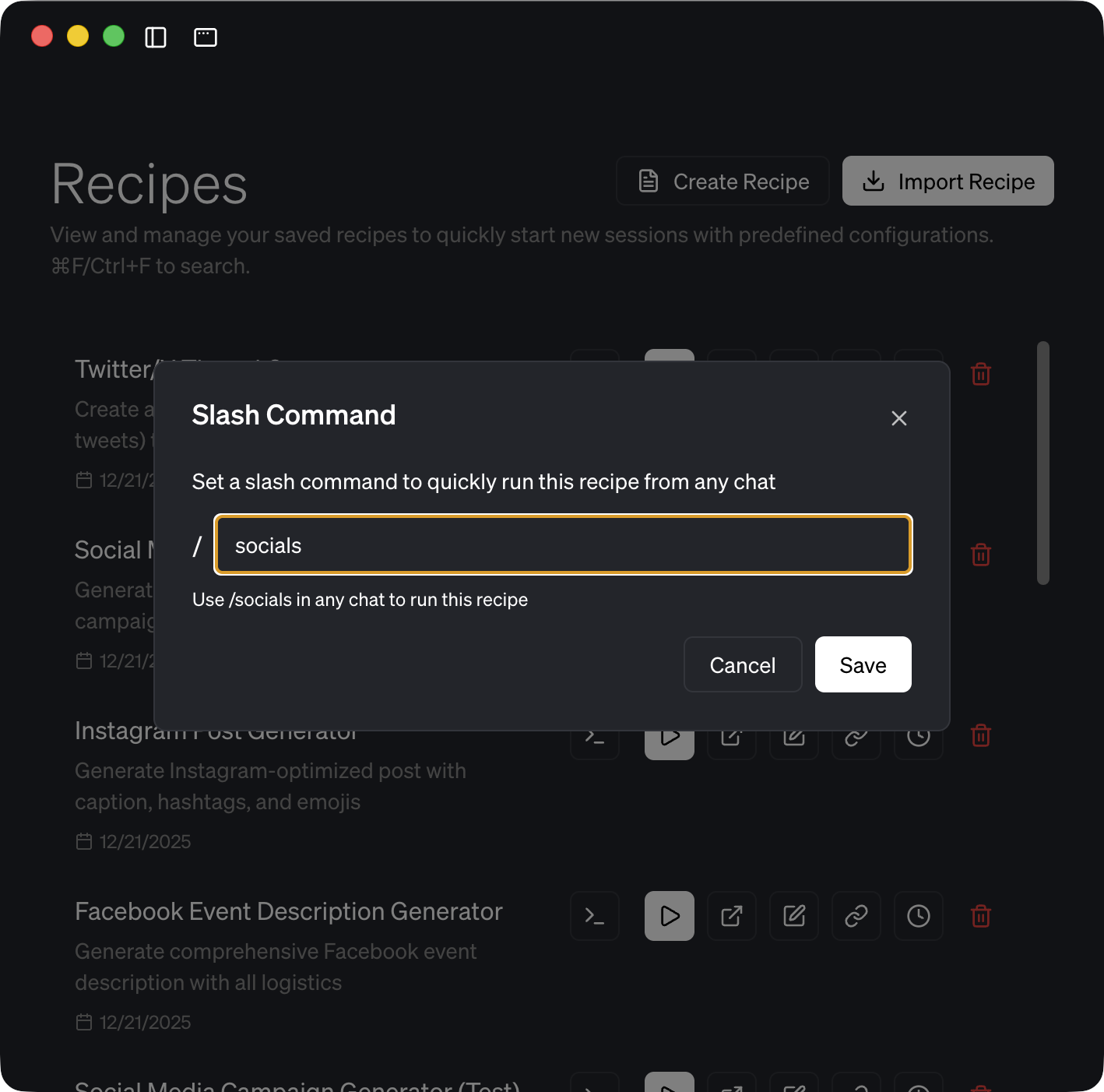 Configuring a recipe as a slash command